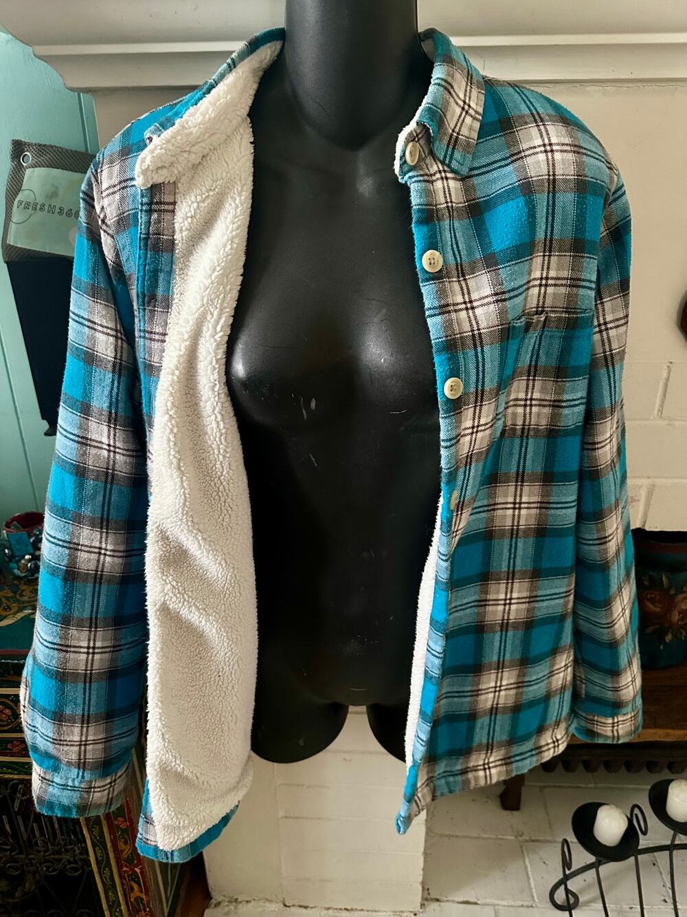 RUSTIC RIDGE TURQUOISE PLAID FLANNEL SHERPA LINED QUILTED SLEEVE SHIRT JACKET